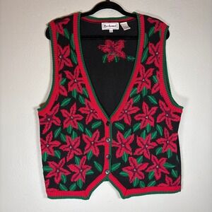 y2k 90s Vintage Christmas Poinsettia Knit Sweater Vest XL Grandmacore floral